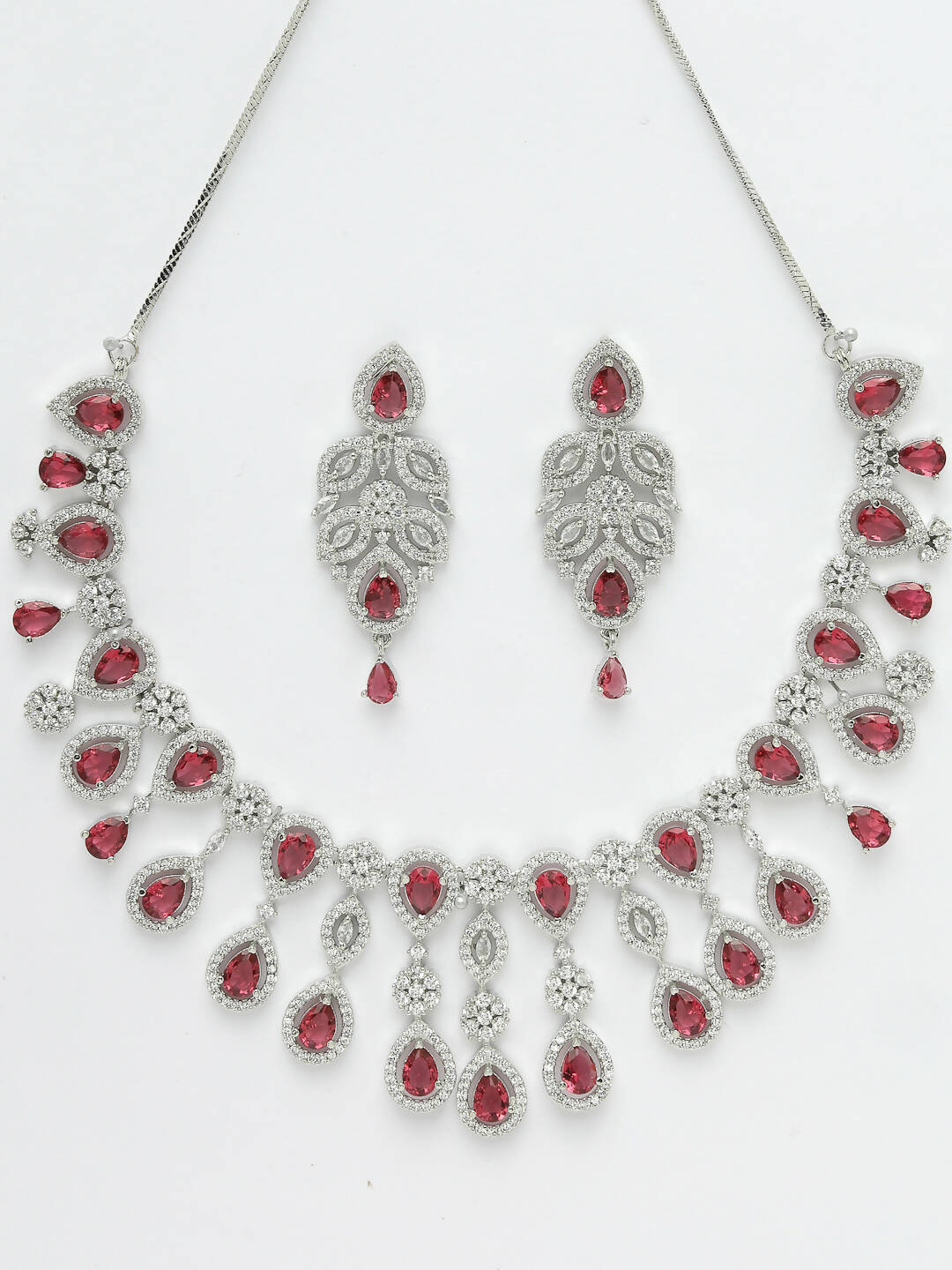 NVR Women Silver Plated & Maroon Cz Stone Handcrafted Jewellery Set - Grab2buy