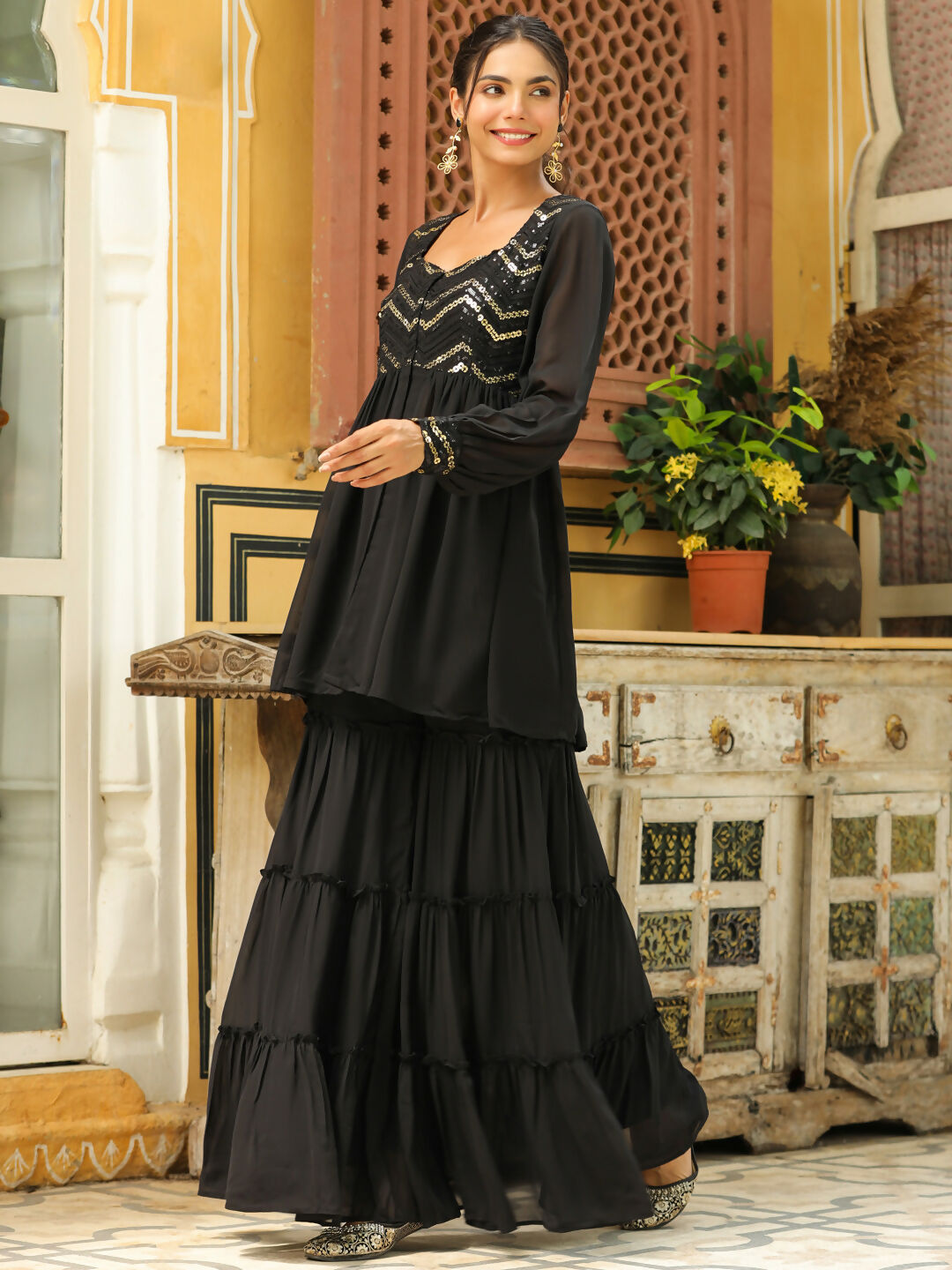 Janasya Black Georgette Sequined Tunic & Bottom 
