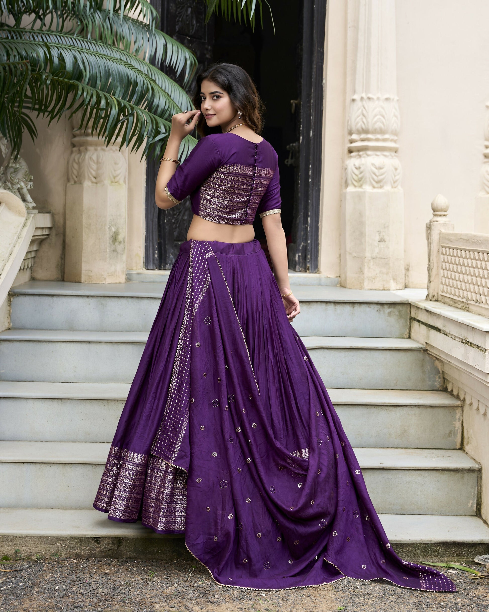 Lorenvalley Purple Pure Chanderi Plain With Zari Weaving Work Border Lehenga Choli 