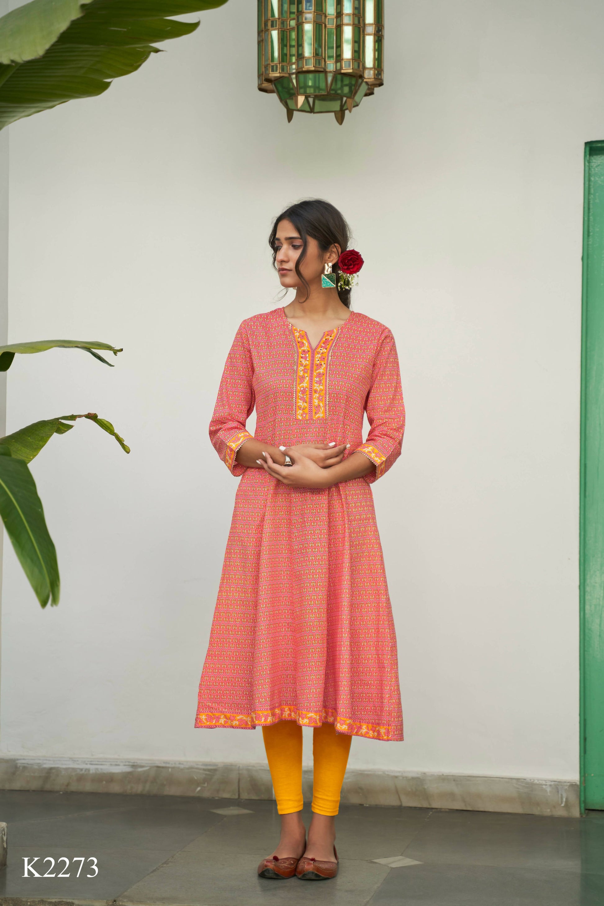 Peach Cotton Floral Printed A line Kurta - Prasuti