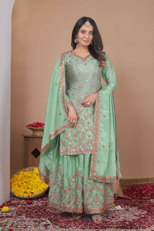 Teeya Creation Womens Trendy Light Green Silk Blend Gota Patti And Sequins Embroidered Sharara Suit Set