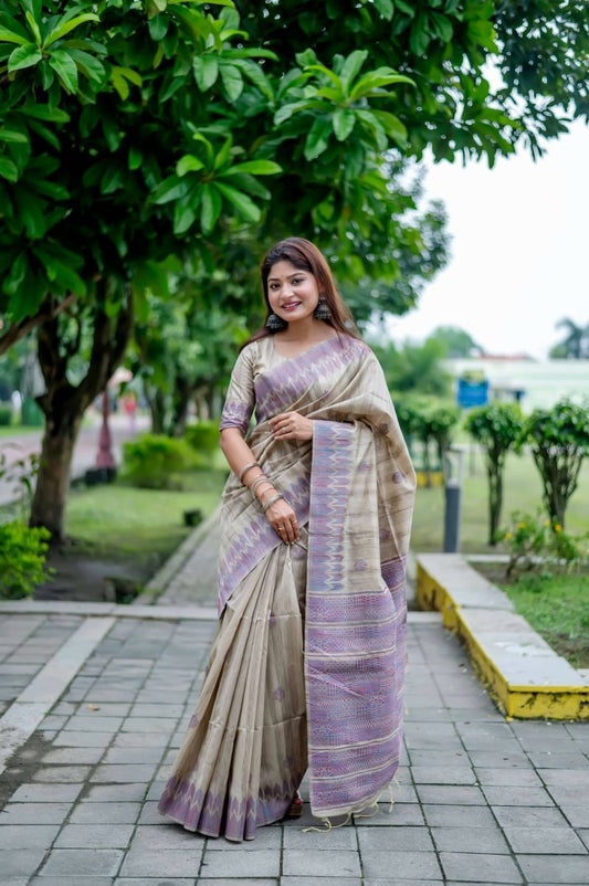 Aastha Fashion Purple Thread Woven Handloom Tussar Silk Saree with Blouse - Grab2buy