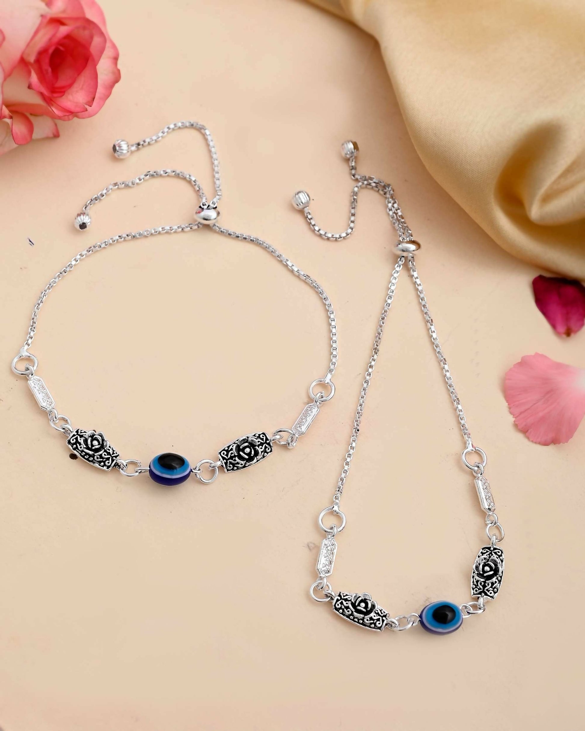VOJ Set of 2 Silver Plated Flower And Evil Eye HandCrafted Anklet 