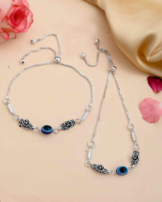 VOJ Set of 2 Silver Plated Flower And Evil Eye HandCrafted Anklet 