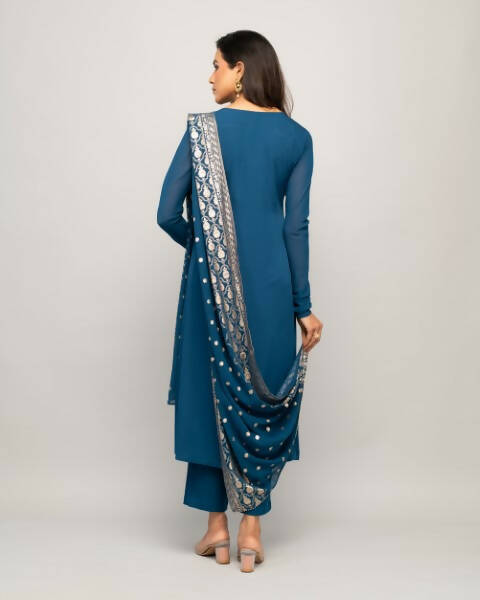 FIORRA Women's Teal Blue Creap A-Line Kurta Pant With Dupatta 