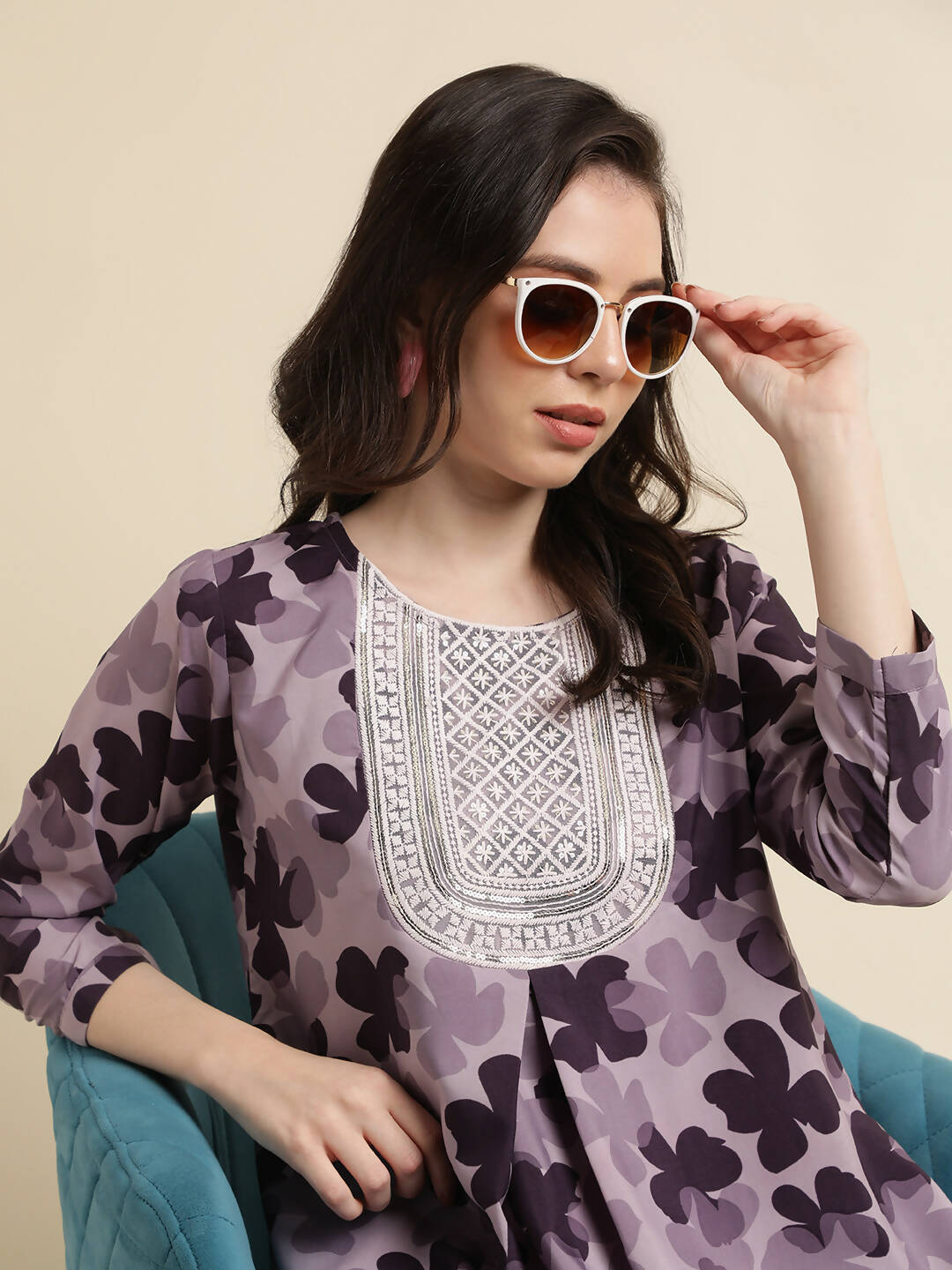 Purple Poly Crepe Digital Printed Top with Matching Bottom - Preeti