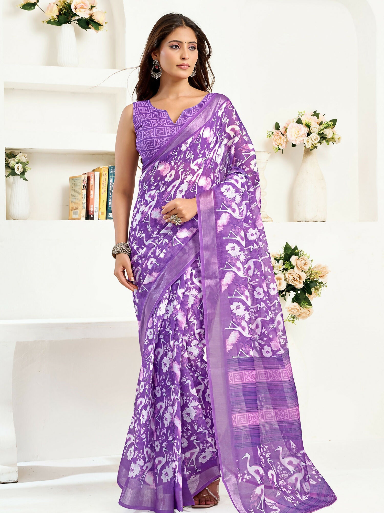 Joban Fashion Purple  Floral And Bird Motifs Linen Ready To Wear Saree With Unstitched Blouse