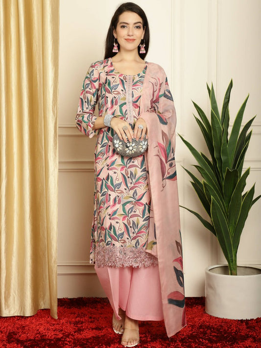Aastha Fashion Women's Pink Muslin Digital Printed with Embroidered Lace work Kurta with Trouser & Dupatta - Grab2buy