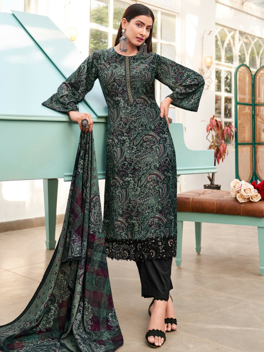 Aastha Fashion Women's Green Velvet Digital Print with Resham Thread work Kurta with Trouser & Dupatta - Grab2buy