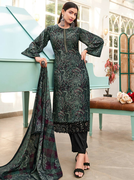 Aastha Fashion Women's Green Velvet Digital Print with Resham Thread work Kurta with Trouser & Dupatta - Grab2buy