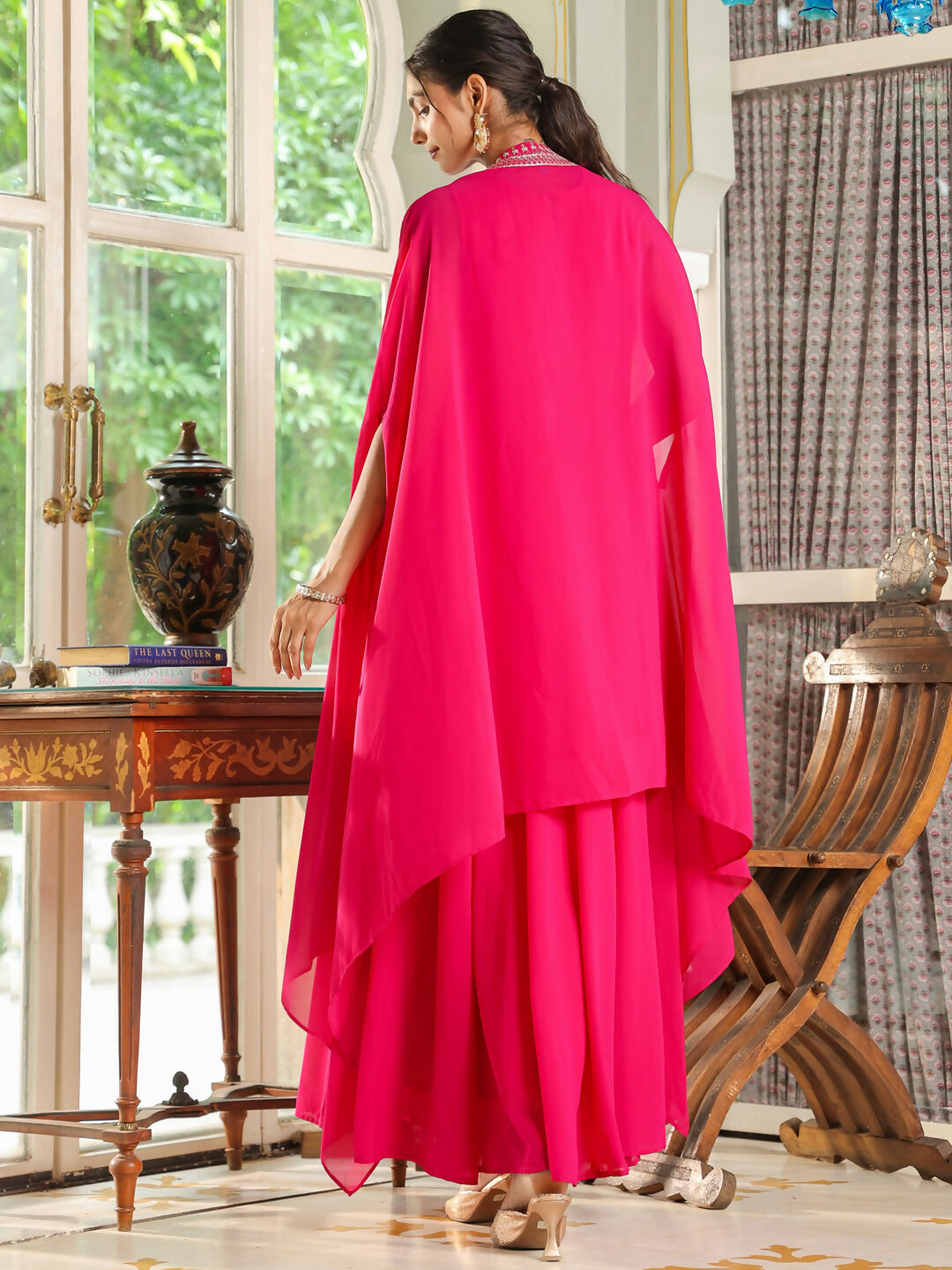 Janasya Pink Georgette Embroidered Dress & Cape 