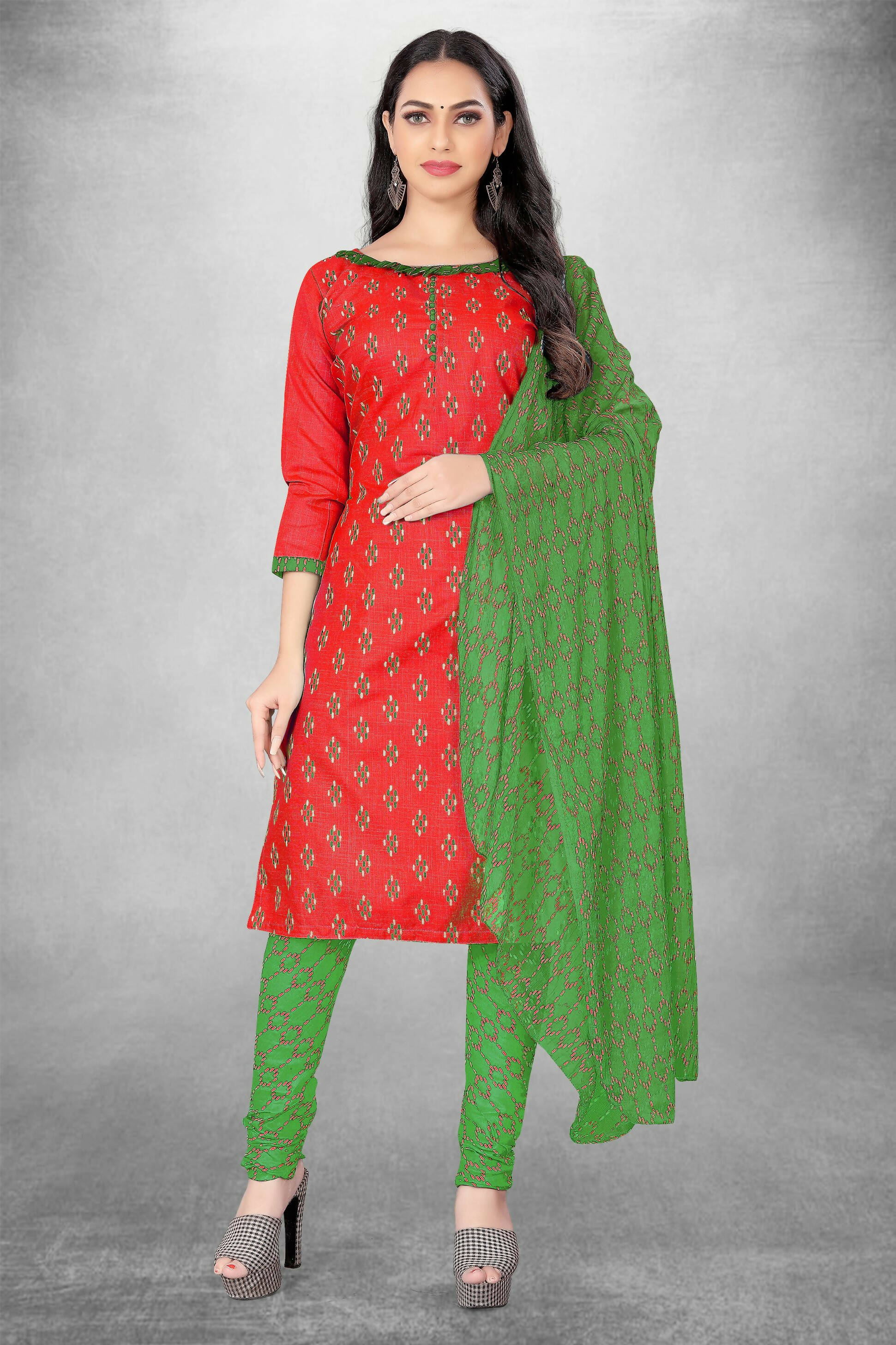 Red Cotton Printed Unstitched Dress Material - Amara