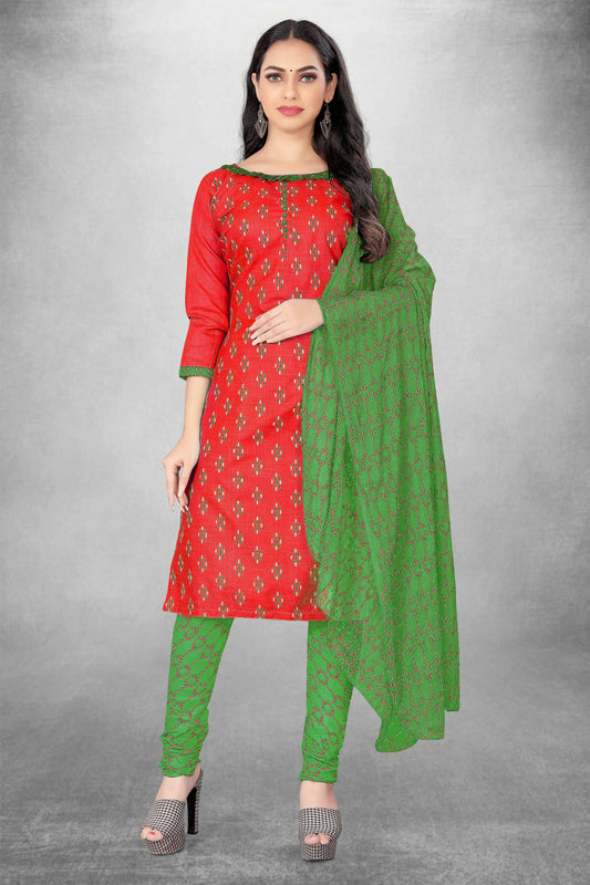 Red Cotton Printed Unstitched Dress Material - Amara