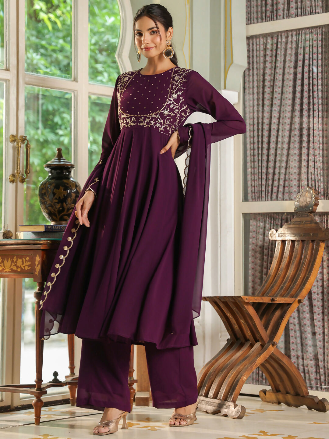 Janasya Purple Georgette Embroidered Kurta,Bottom & Dupatta 