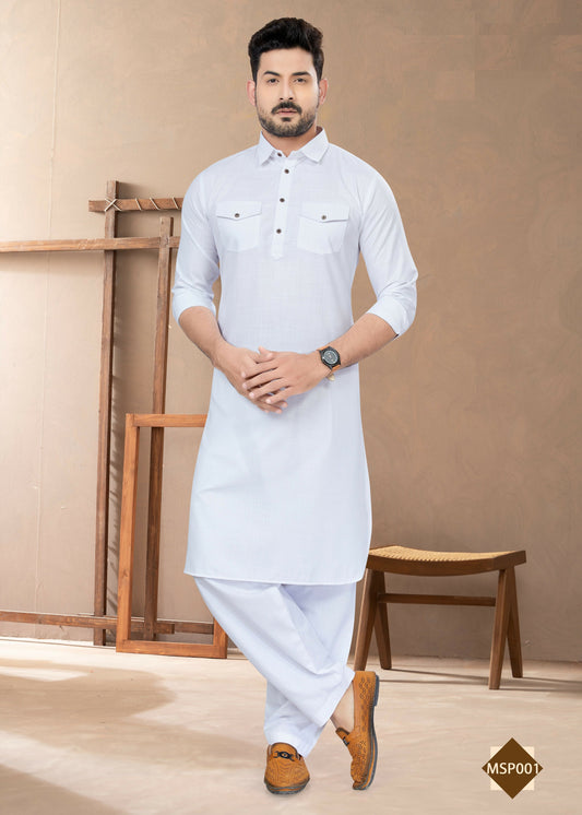 Joban Fashion Men's White Heavy Cotton Plain Kurta Pyjama set