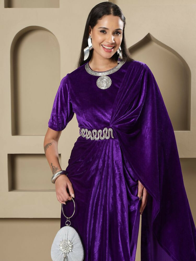 Joban Fashion Women Purple Velvet Hand Embellishment Stitched Dress