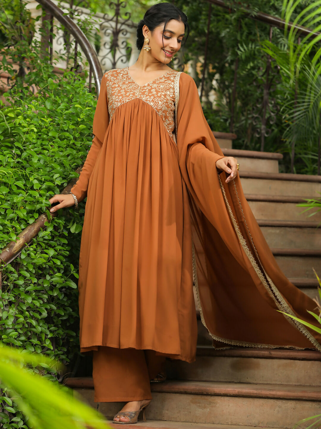 Janasya Brown Georgette Yoke Embroidery Kurta,Bottom & Dupatta 