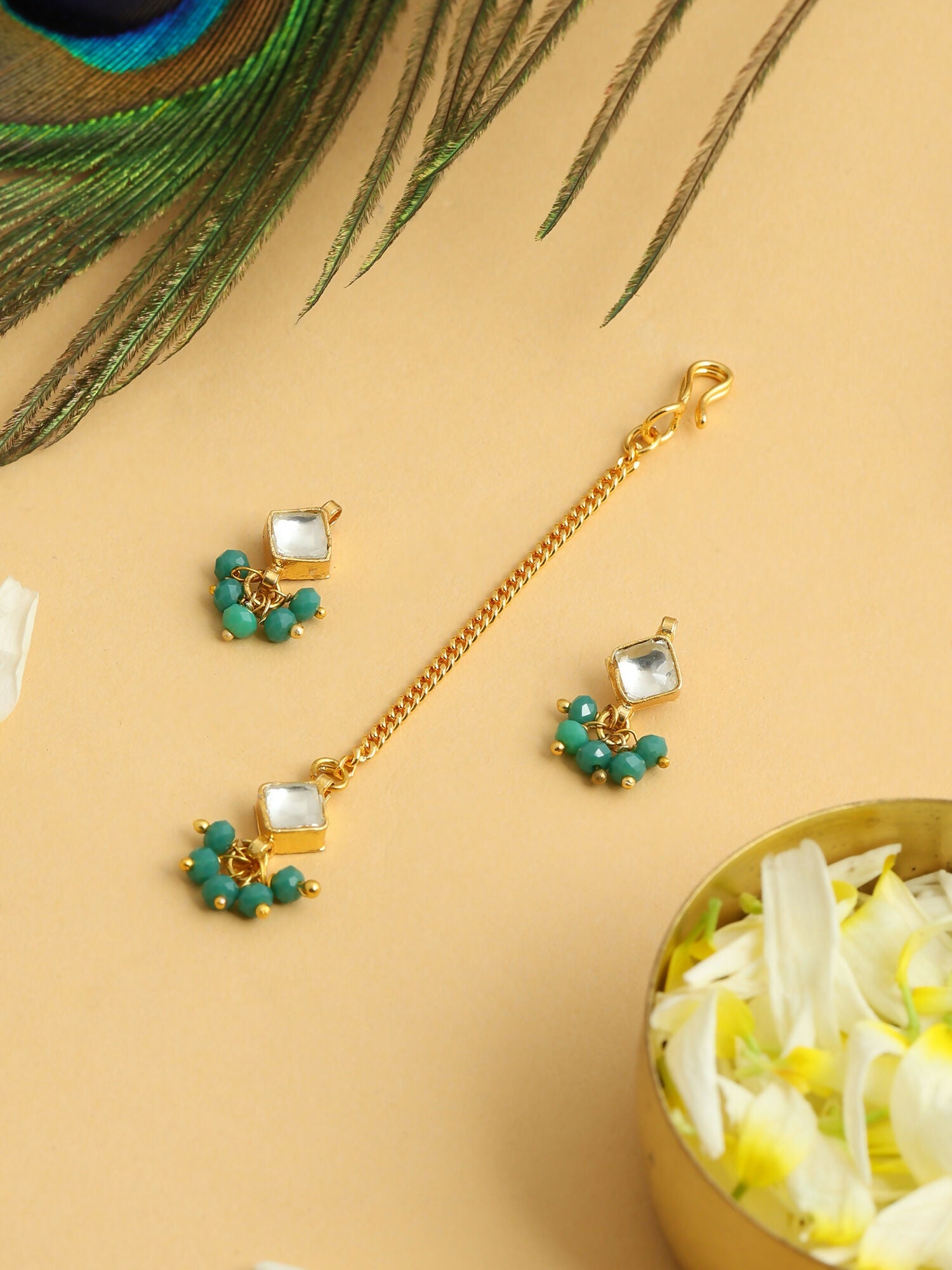 Ruby Raang Gold-White Set Of Earrings And Maang Tikka