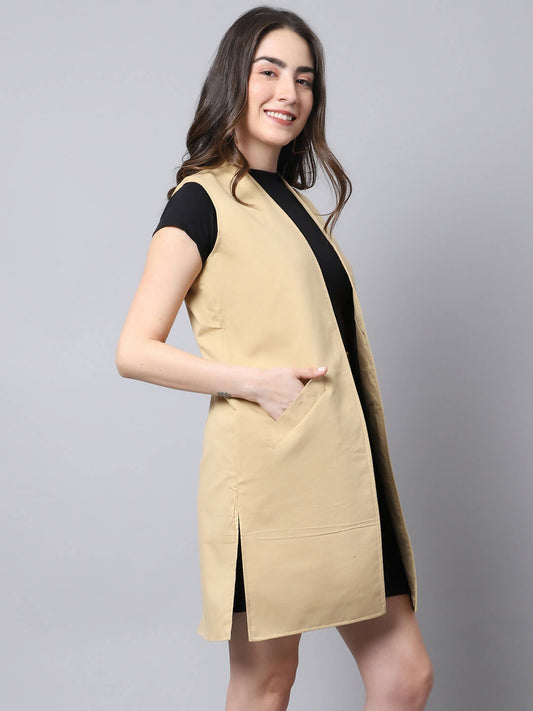 Even Apparels Brown Polywool Open Front Women's Long Coat PW724