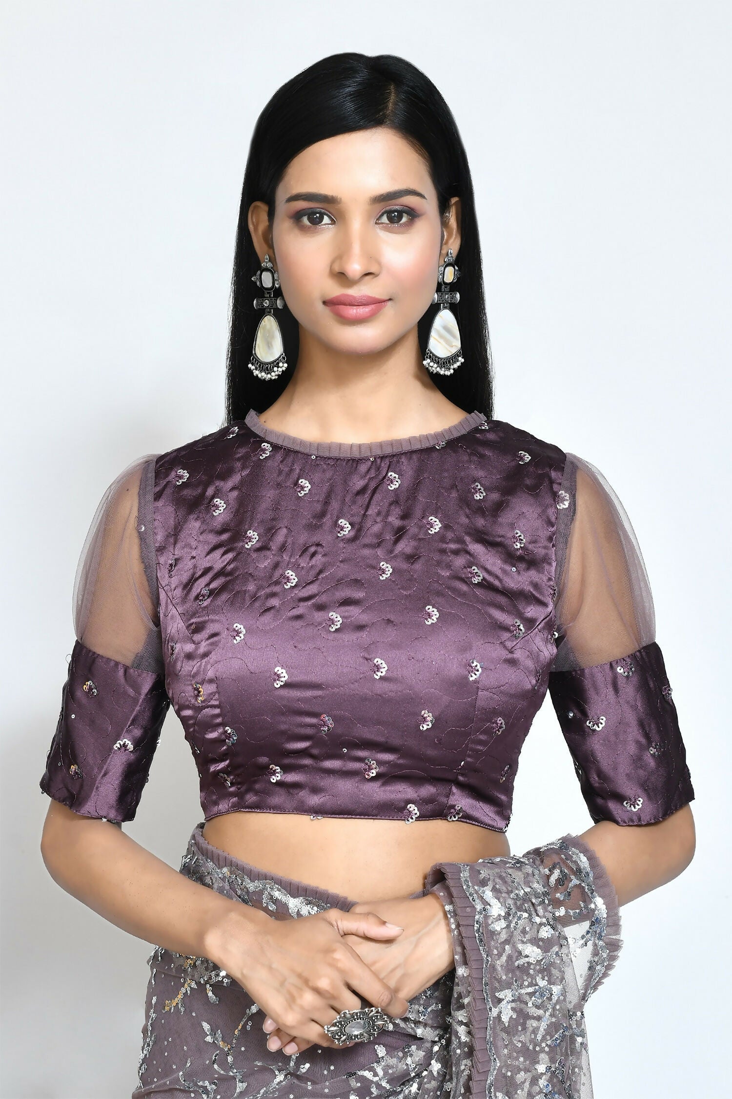 Brown Net Sequence Embroidered Festive Saree - Nimaya Denzy