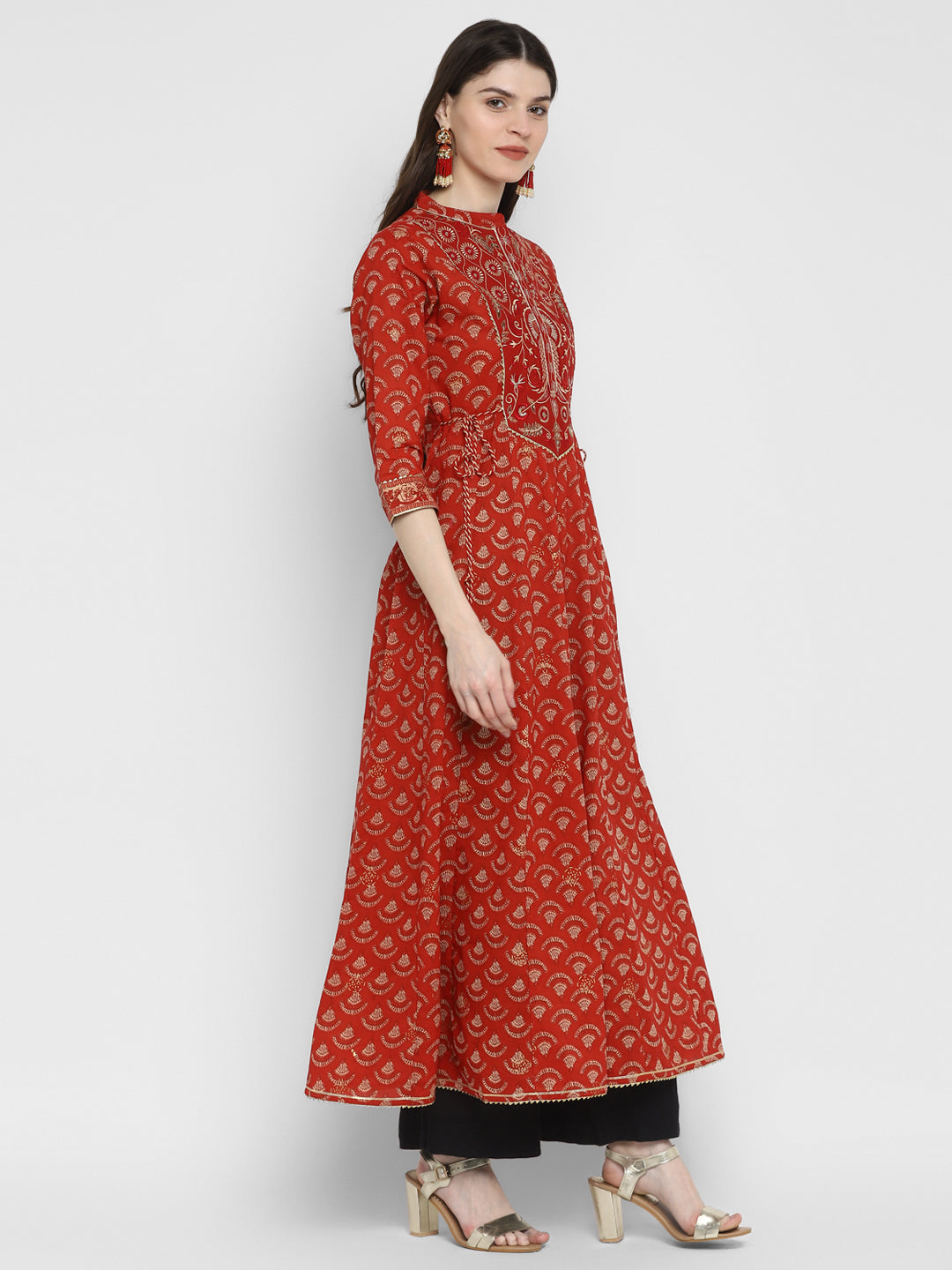 NOZ2TOZ Women's Embroidered & Printed Anarkali Cotton Red Kurta 