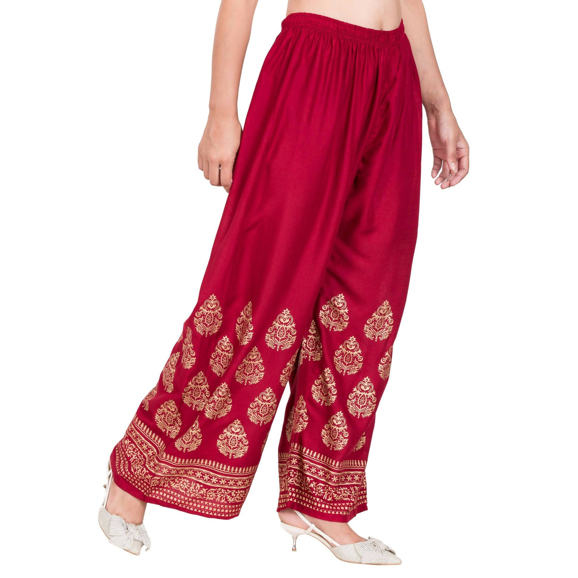 PAVONINE Maroon Color Golden Printed Rayon Fabric Sharara For Women & Girls
