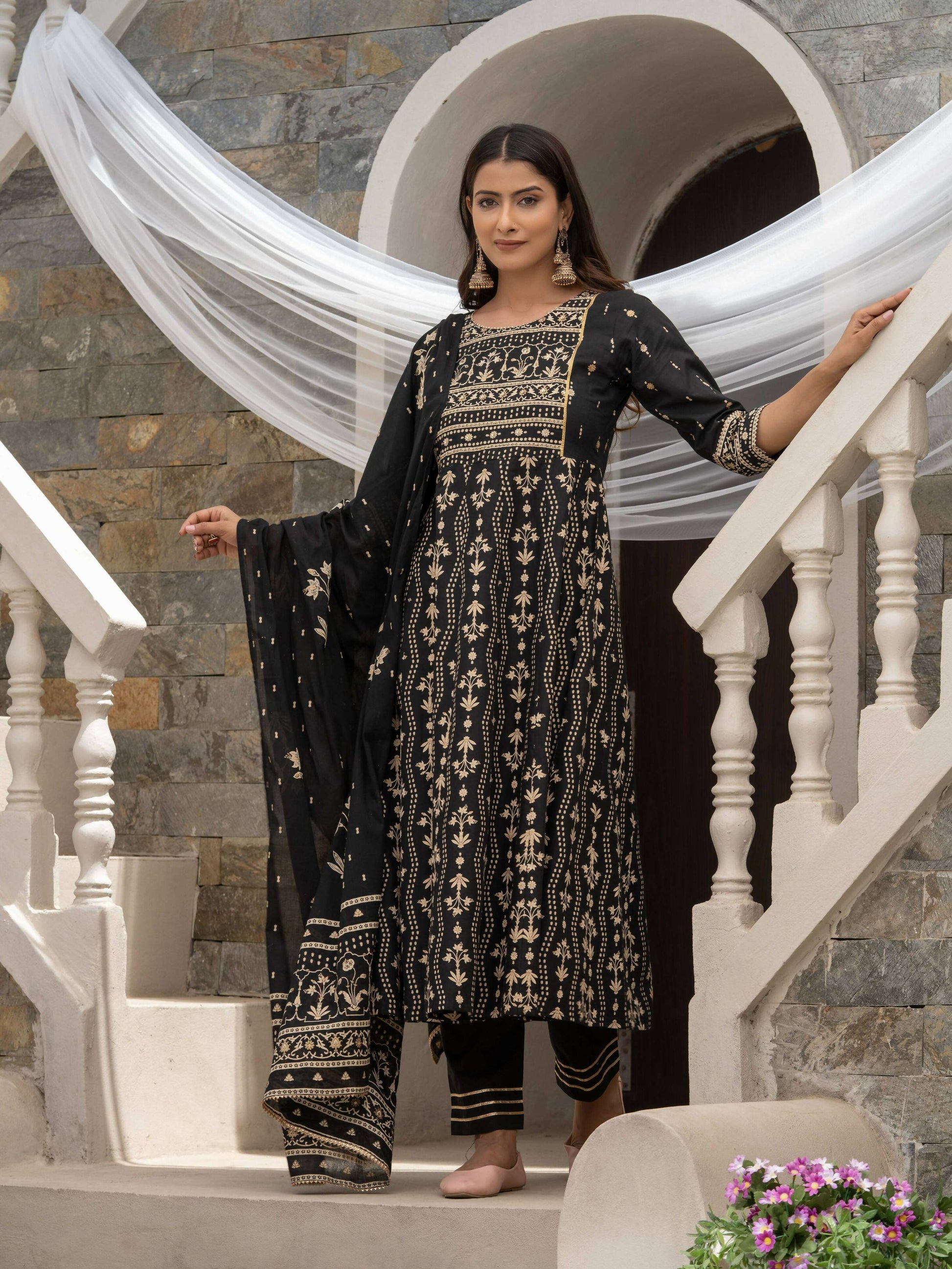 Black Cotton Cambric Printed with Sequins work Anarkali Kurta with Pant & Dupatta - Akashara