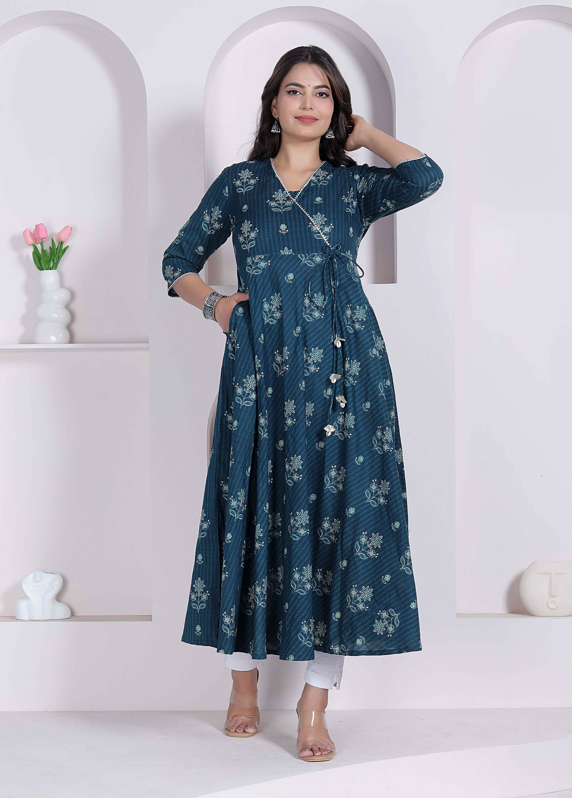 Miravan Womens Blue Ethnic Motifs Printed V-Neck Cotton Angrakha Kurta
