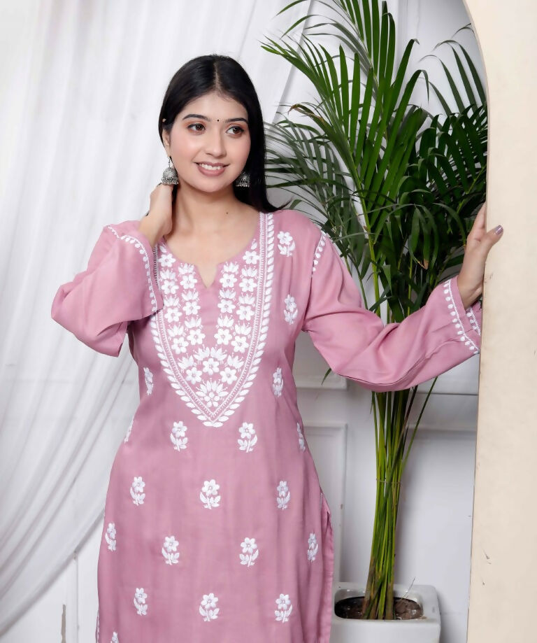 Miravan Women's Chikankari Embroidery Pink Straight Kurta & Palazzo Set 