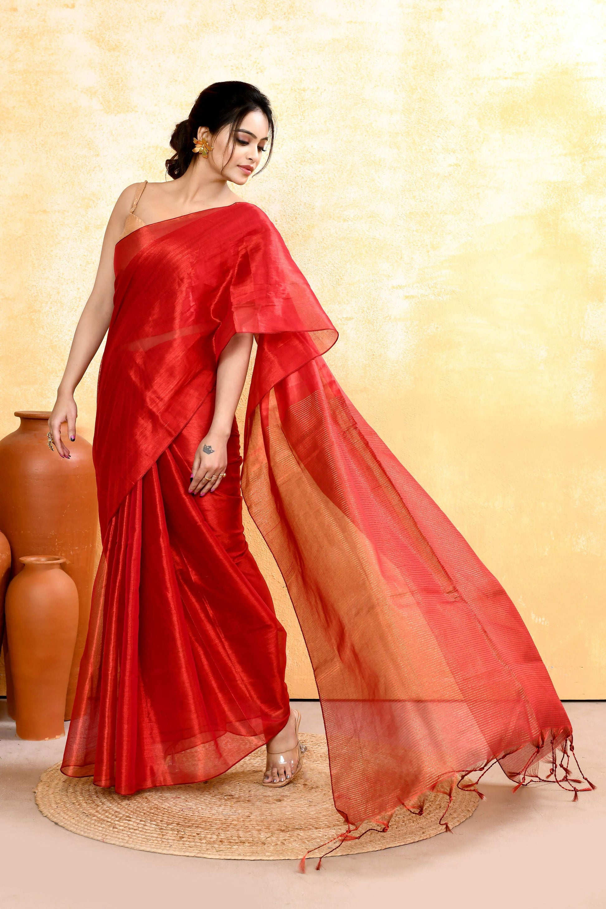 Piyari Fashion Women's Red Dual Tone Organic Tissue Saree With Blouse Piece