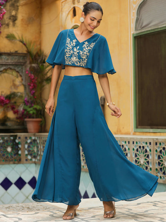 Janasya Teal Blue Georgette Yoke Embroidery Co-Ords 