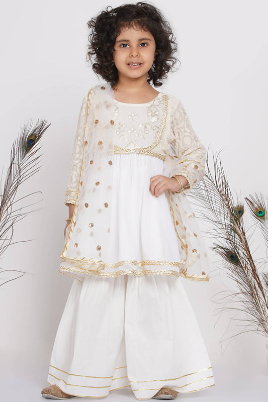 Little Bansi Girls Cotton Floral Embroidery Frock Kurta with Sharara & Dupatta - White