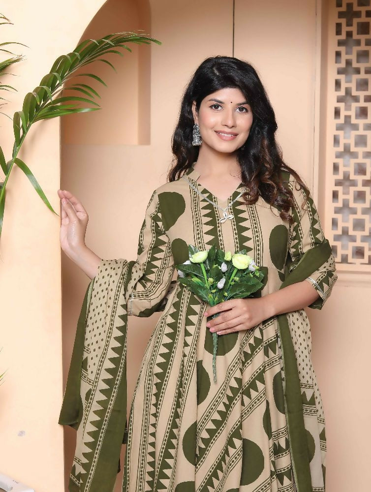 Miravan Women'S Polka Dot Printed Pure Cotton Anarkali Kurta With Dupatta