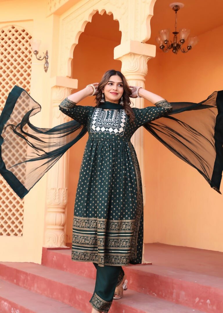 Alvano Women's Embroidery work Print Naira Cut Kurti with Pant and Dupatta set Rayon