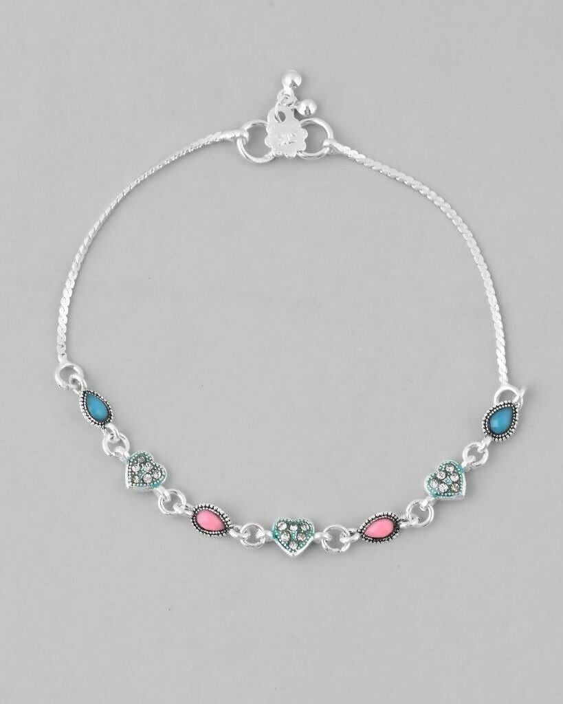 VOJ Set of 2 Silver Plated Heart Shaped Meenakari Anklet 