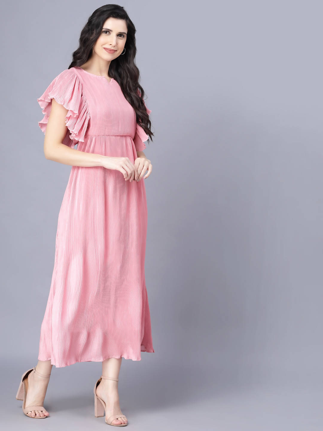 Myshka Chiffon Solid Short Sleeve Round Pink Women Dress