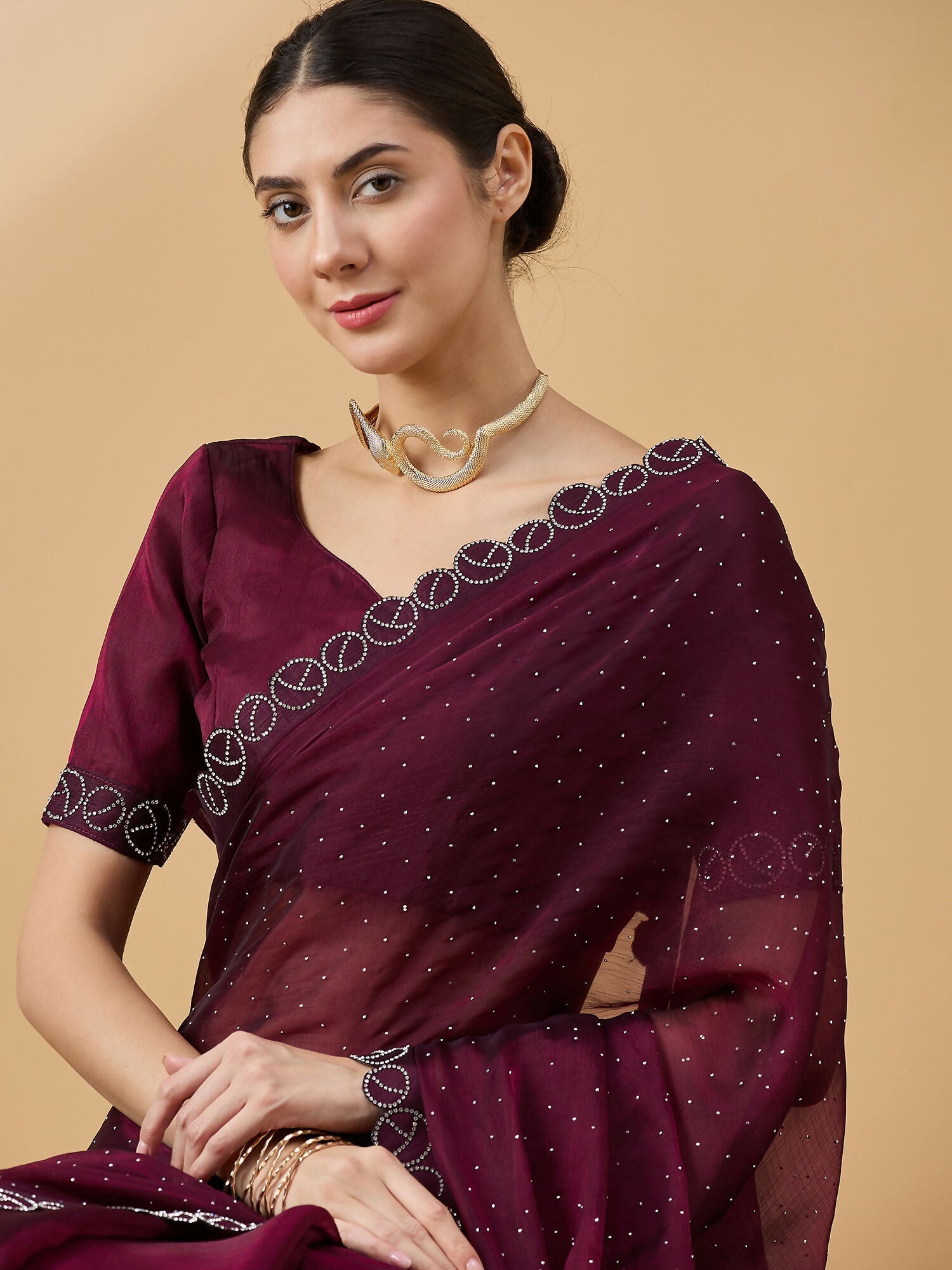 Purple Organza Swaroski Diamond Work Saree with Unstitched Blouse - Radha