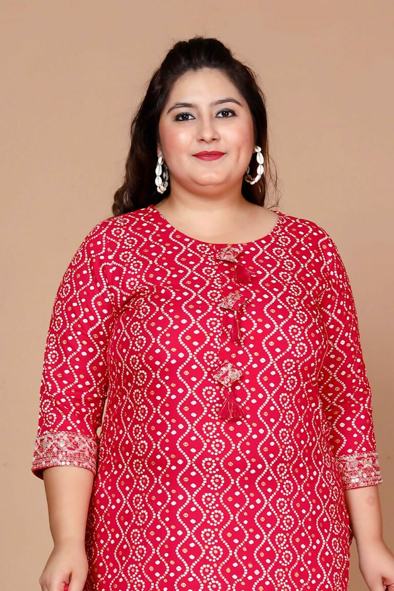 Miravan Women's Plus Size Pink Bandhani Pakistani Straight Kurti 