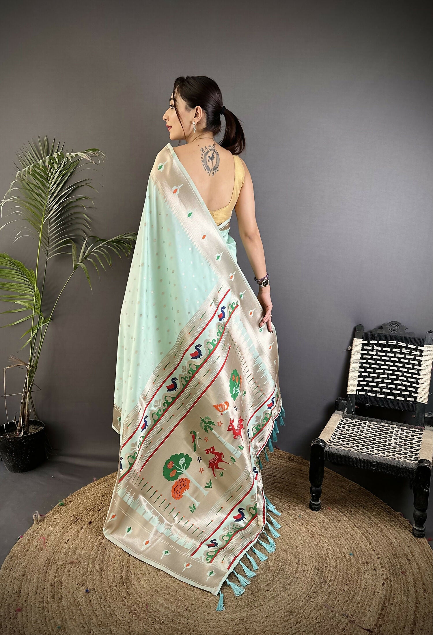 Joban Fashion Sea Green Peacock & Floral Motifs Soft Lichi Silk Kanchipuram Saree