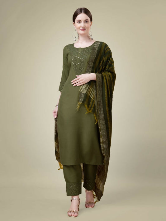 Jyoti Fashion Women's Mehendi Cotton Blend Embroidery & Sequence work Kurta with Trouser & Dupatta