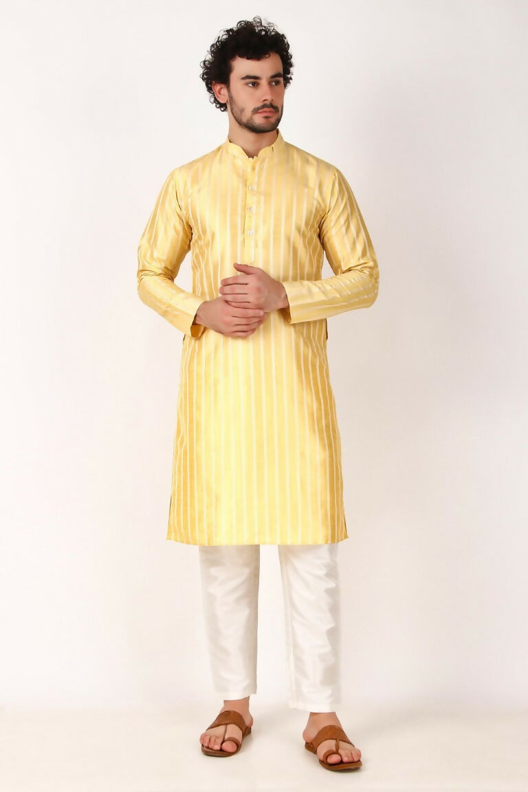 Lemon Art Silk Woven Designer Men's Rajwadi Kurta Set - Mahotsav