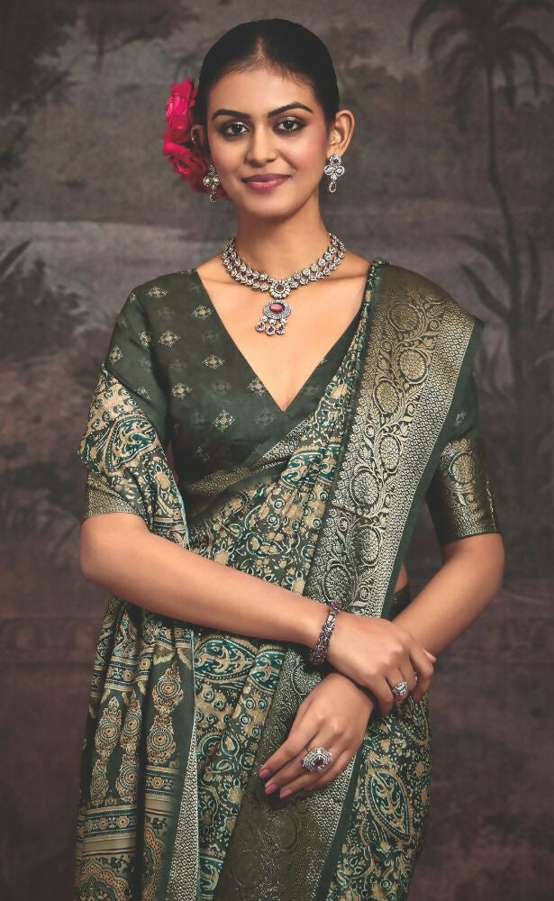 Joban Fashion Mehendi Green Dola Tussar Silk Self Jacquard Border Saree