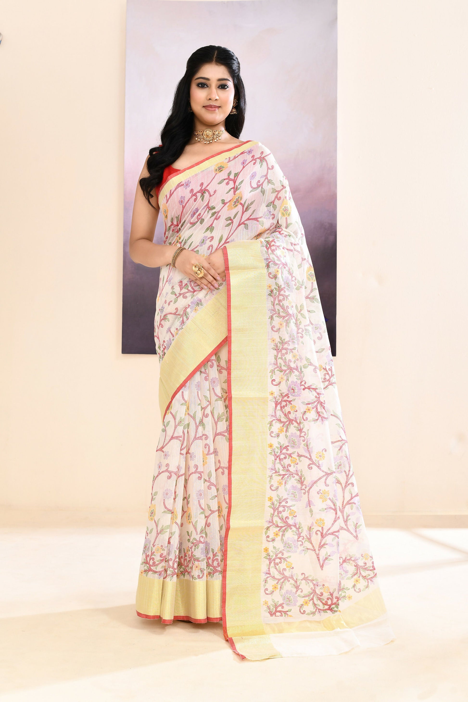 Piyari Fashion Women's White Embellished Cotton Blend Printed Saree