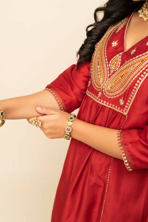 FIORRA Women's Red Silk Blend A-Line Kurta Palazzo Set With Dupatta 