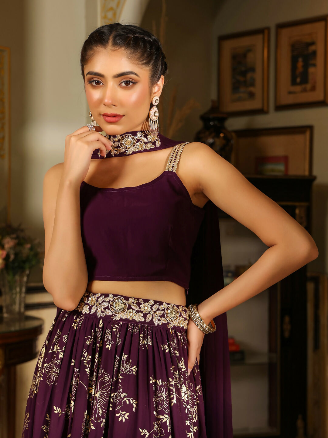 Janasya Purple Georgette Solid Lehenga Choli Dupatta 