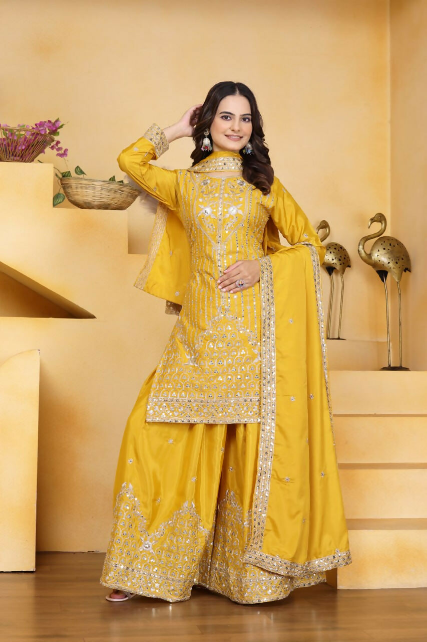 Joban Fashion Yellow Crepe Embroidered Sharara Set