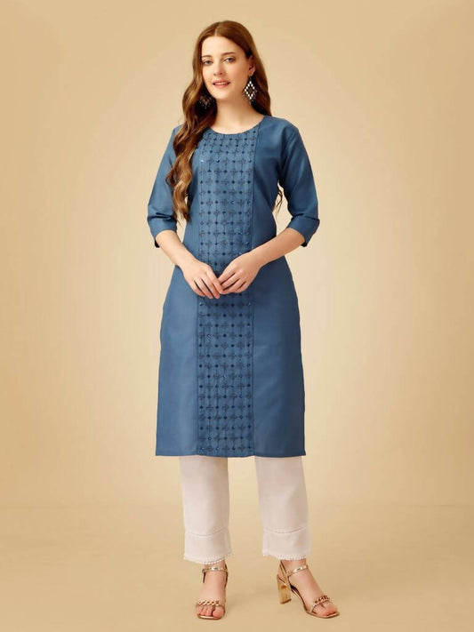 Aastha Fashion Women's Denim Blue Cotton Blend Embroidered Kurta Pant Set - Grab2buy