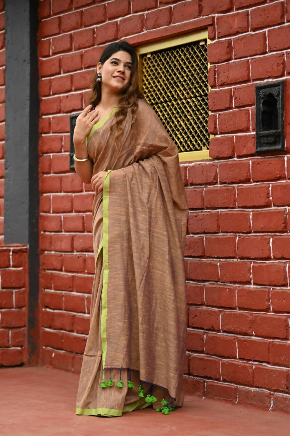 Very Much Indian Pure Cotton Handloom Saree With Intricate Borders - Beige - Grab2buy