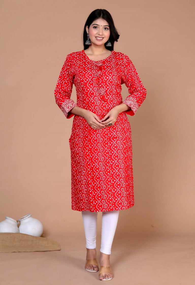 Miravan Women's Festive Wear Red Bandhani Printed Straight Kurta | Grab2Buy