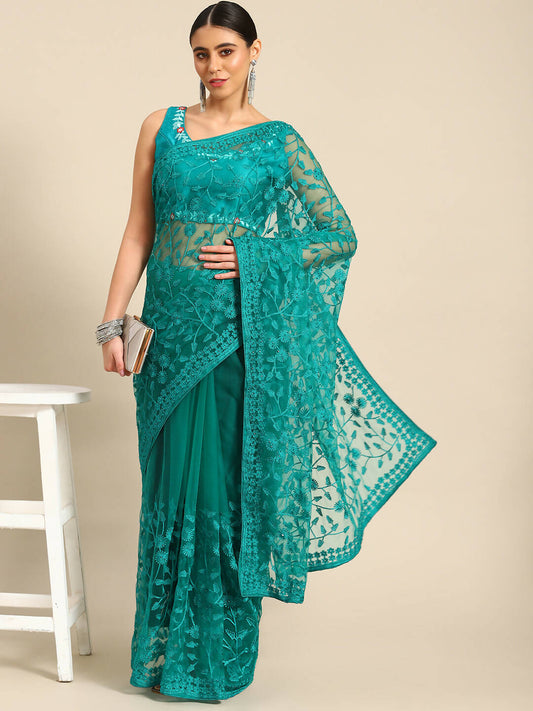 Sea Green Woven Design Net Saree with Blouse Piece - Kalamkari